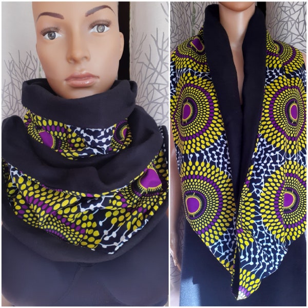 SCHNELLE LIEFERUNG maxi snood afrikanischen Schal 2 Runden wax Pagne und schwarzes Fleece