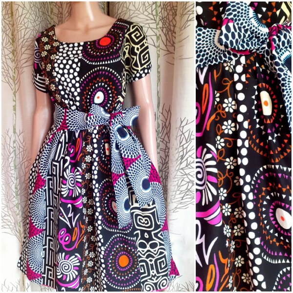 Plusieurs longueurs, robe style africain en mix wax patchwork imprimé pois, cible, disque, fleurs, bogolan