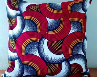 Plusieurs dimensions housse de coussin en wax style africain imprimé graphique rouge bleu orange et blanc