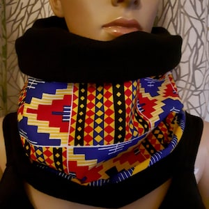 FAST SHIPPING Snood neck warmer, black fleece scarf and African kente wax