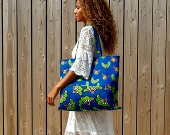 Large lined bag with pocket, tote bag in wax print with butterflies and wedding flowers, large shopping bag, tote bag in African print