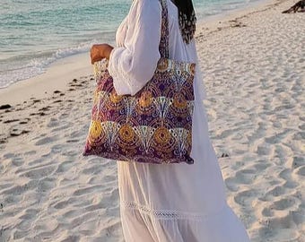 LARGE lined beach bag with pocket, tote in purple disc target print wax