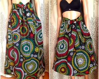 African style wax skirt printed target disc rosette mandala style black background