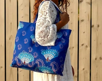Large lined bag with pocket, tote bag in wax print fabric with peacock, arabesque, and rosette patterns; large shopping bag or beach bag