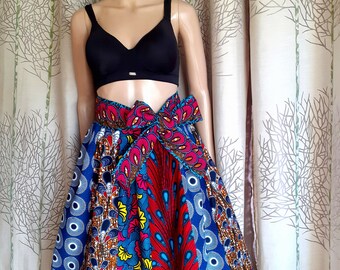 Jupe évasée style africain patchwork longueur sous genou en coton