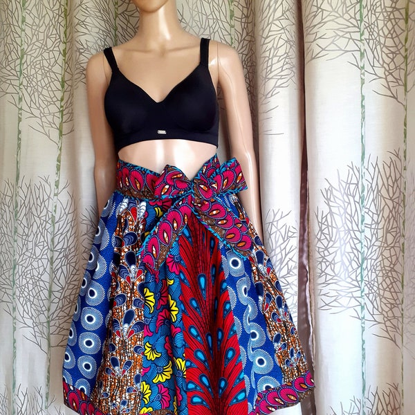 Jupe évasée style africain patchwork longueur sous genou en coton