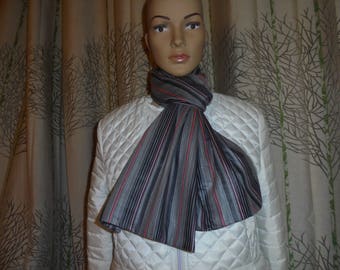 SENDING quick scarf, shawl in grey, black, white and pink striped cotton sateen.