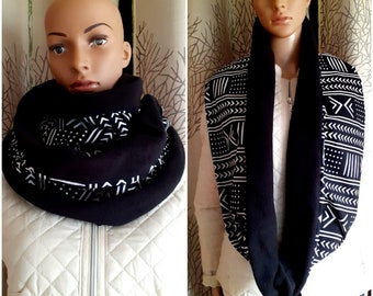 FAST DELIVERY 2-round snood scarf in African style wax and black bogolan fleece
