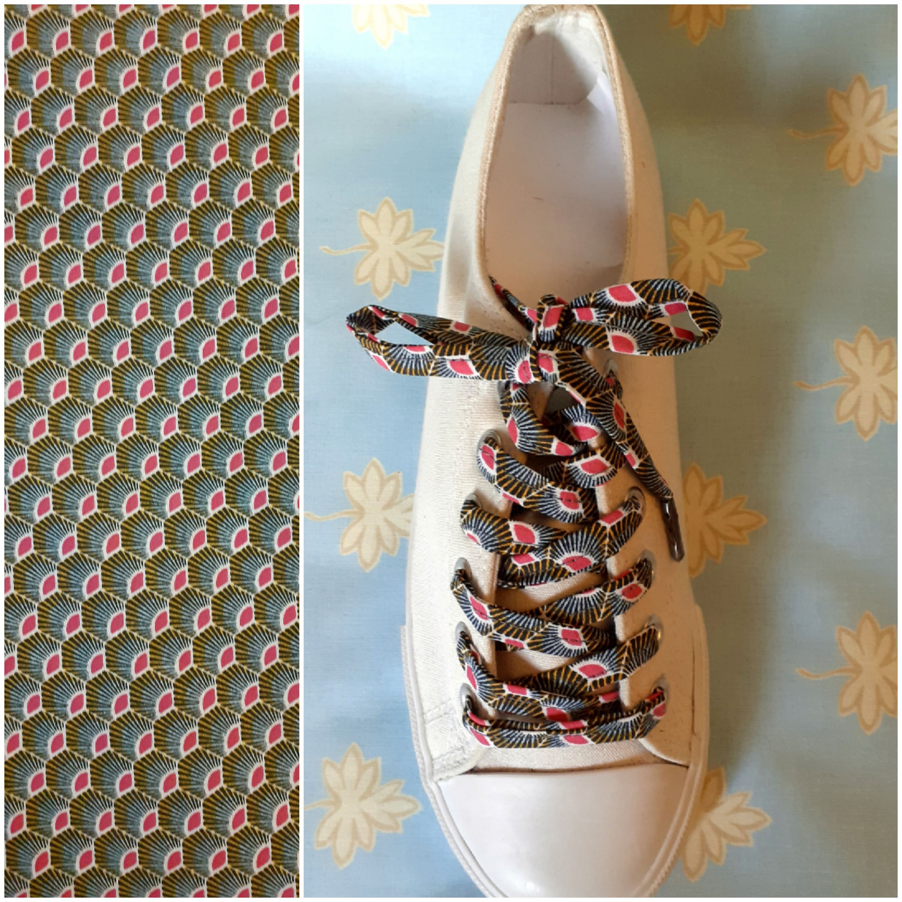 Cordones de algodón estampados con pequeños abanicos estilo japonés, rosa, negro y naranja.