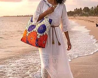 Large lined beach bag, tote bag in purple target disc print wax print