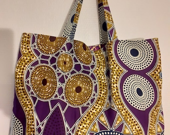 LARGE lined beach bag, wax tote with purple disc target print