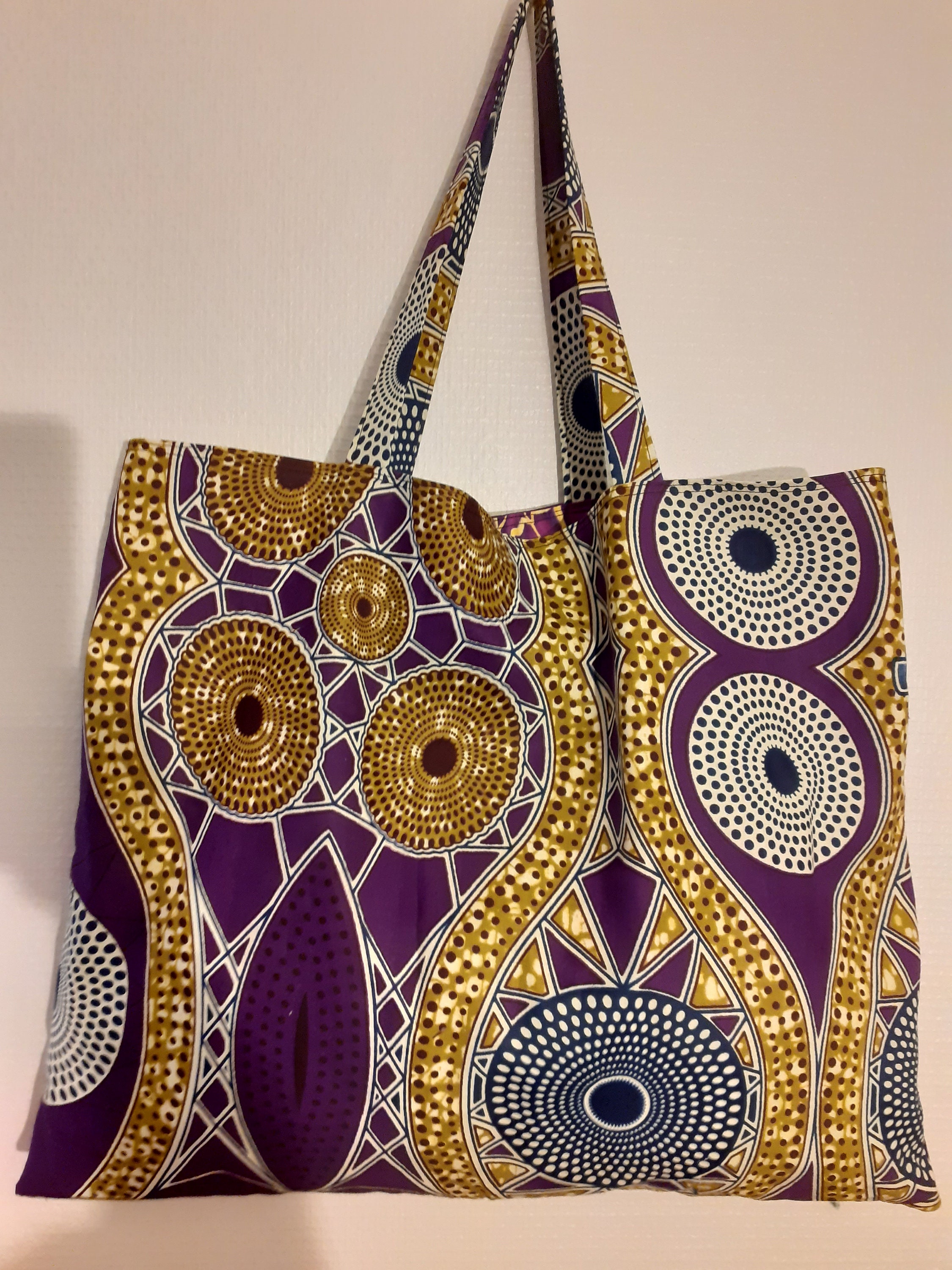 LARGE lined beach bag, tote in wax print with purple disc target