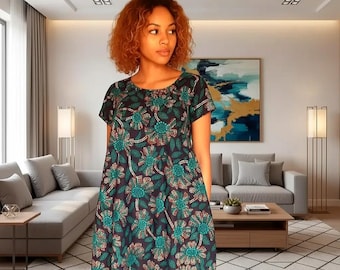 African-style wax print dress, batik boubou, umbrella shape, flared, circular, turquoise and pink print