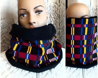 QUICK SHIPPING snood neck scarf black fleece and african kente wax