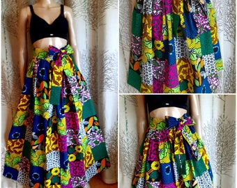 Skirt in African style wax print like patchwork. Several lengths, flared skater skirt