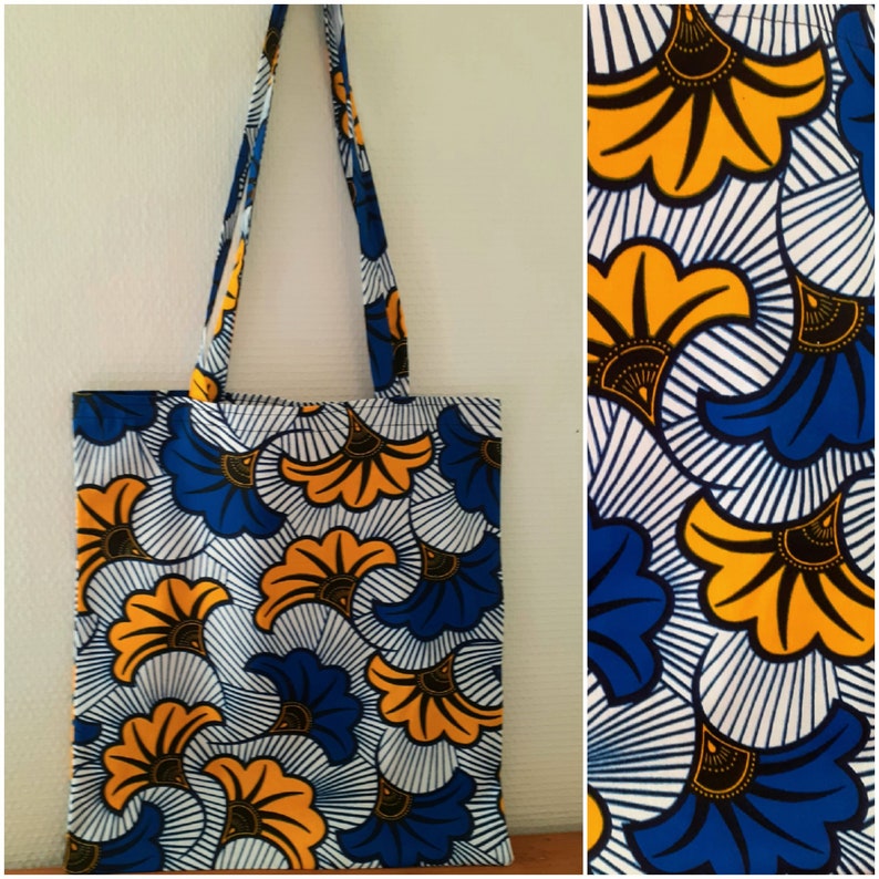 ENVOI RAPIDE Tote bag, just bag, sac de courses, cabas, en wax style africain fleurs de mariage. Cadeau gift mode image 1
