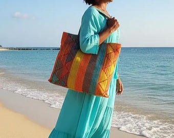 LARGE lined bag with pocket, tote bag in wax loincloth with exotic foliage and kente print, large shopping bag