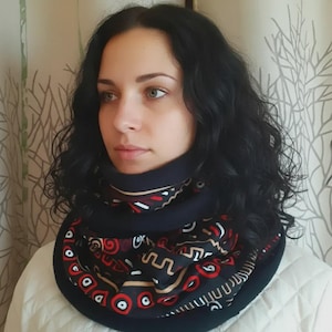 FAST SHIPPING 2-wrap snood scarf in African-style wax and black bogolan fleece