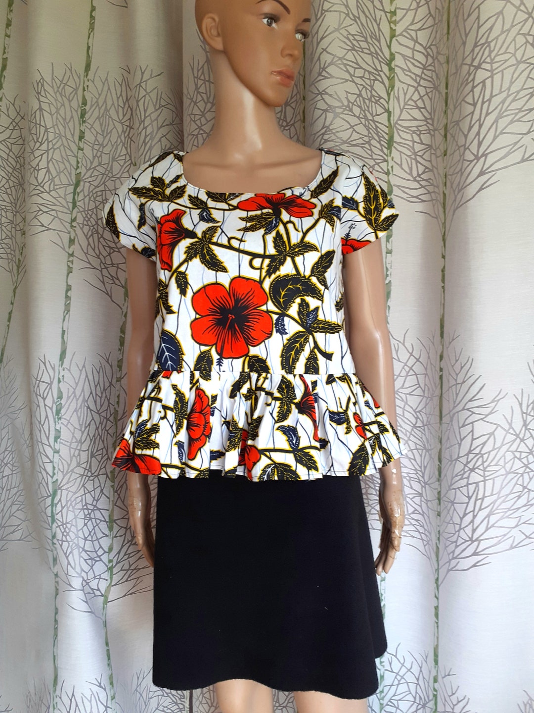 Tribal Fashion Textured Stripe Smocking Peplum Blouse Ecru/Beige