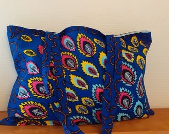 GRAND sac de plage doublé avec poche intérieure fourre-tout cabas tote bag en wax style africain imprimé plumes de paon