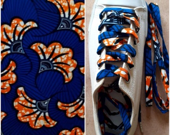 Lacets en wax style africain fleurs de mariage bleu et orange