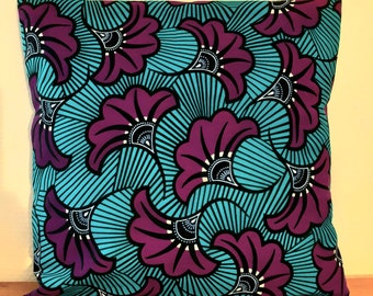 Plusieurs dimensions housse de coussin en wax style africain fleurs de mariage turquoise et rose violet