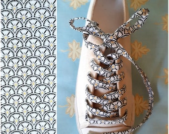 Cotton laces printed with small Japanese style fans, black, white and yellow