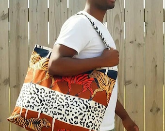 Large lined bag with pocket, tote bag in animal print wax fabric, savannah, tiger large shopping bag