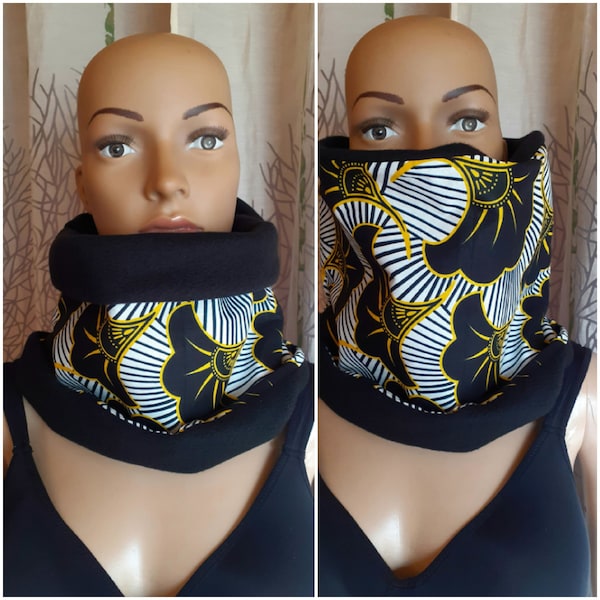 ENVOI RAPIDE Snood tour de cou, écharpe polaire noir  et wax africain fleurs de mariage