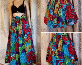 Jupe en wax style africain imprimé genre patchwork. Plusieurs longueurs, jupe évasée patineuse