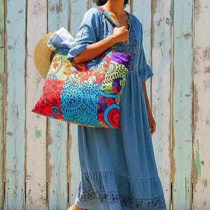 GRAND SAC de plage doublé, fourre-tout en wax imprimé style patchwork