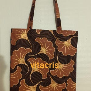 ENVOI RAPIDE Tote bag, just bag, sac de courses, cabas, en wax style africain fleurs de mariage marron doré sur fond noir. Cadeau gift mode