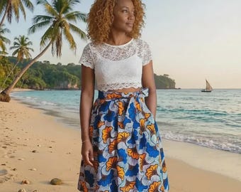 4 lengths of very soft wax print skirt, African style pagne printed with blue and orange-yellow wedding flowers