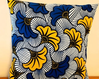 Plusieurs dimensions housses de coussin en wax fleurs de mariage bleu et jaune