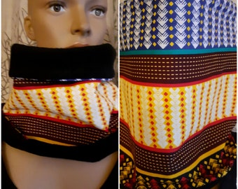 QUICK Snood neck circumdrling, black polar scarf and African wax kente