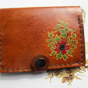 portefeuille cuir gravé, porte cartes , femme, bouquet de fleurs