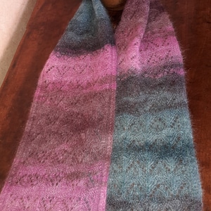 HANDKNIT MOHAIR SILK scarf lace knit  green pink silk