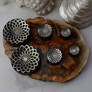 May include: Six black and silver wood ear gauges with a floral design. The gauges are arranged on a piece of petrified wood.
