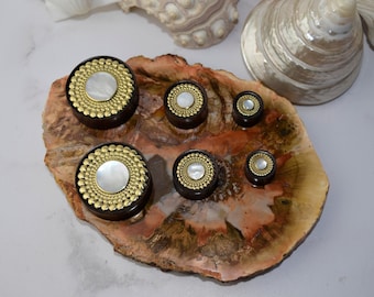 Dilatatore Lobo 6mm Legno, Dilatatore Orecchio Tunnel Plug Piercing Modello Di Fiore Di Peonia Rosa Marrone Donna Uomo Gioielli 2 Pezzi - Foto 3