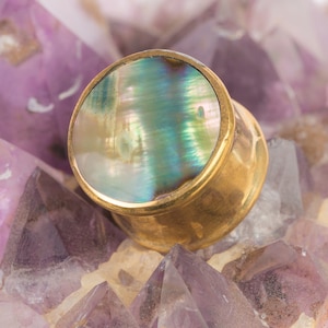 Könnte beinhalten: Ein goldfarbener Ohrdehner mit einer runden, irisierenden Abalone-Muscheleinlage. Der Dehner liegt auf einem Bett aus violetten Amethystkristallen.