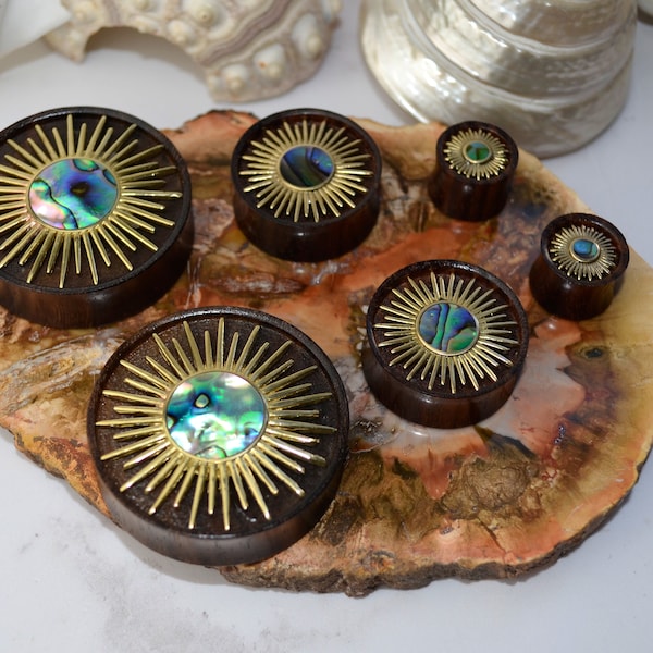 Wooden Brass Plugs,Abalone Shell Plugs,14mm,16mm,18mm,20mm,22mm,24mm,26mm,28mm,30mm,40mm,Gauge Jewelry,Organic Plugs