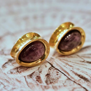 Gold and Amethyst Natural Ear Plugs,Plugs,Tunnels,Stretchers,FleshTunnels,Eyelets,Jewelry,14mm,16mm,18mm,20mm,25mm