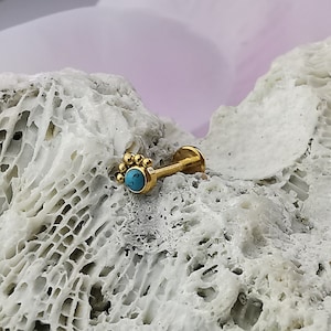 Gold Plated Stainless Steel Turquoise Labret,Tragus,Medusa,Monroe,Gold Piercing,Body Jewellery,Threaded pin,Threaded end