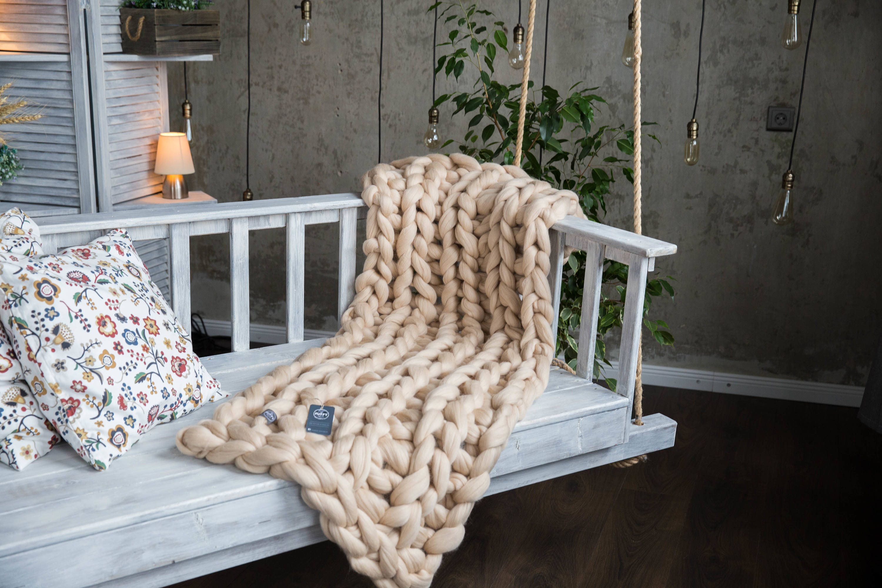 Cream yarn blanket Big loop blanket Beige comforter Large Etsy