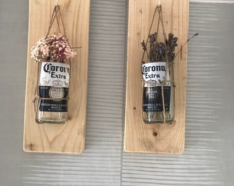 A pair of Rustic Wood Glass Wall Hanging, Vase, Corona Bottle, Handmade Decorative Home Decor, house warming gift, wall sconce