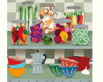 Kitchen art, high-quality poster print &quot;Pickles, get down to business&quot; print size 21 x 25 cm