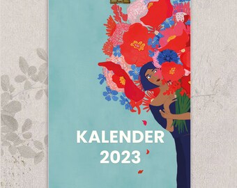 Design wall calendar 2023 - with beautiful illustrations and monthly, weekly and public holiday overview