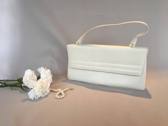 Vintage handbag, White leather handbag, Antique ha