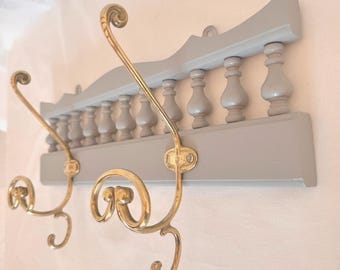 Wall-mounted wooden coat rack, brass coat hook