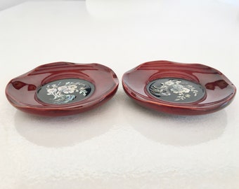 Antique bowls, lacquered wooden trinket dish with mother-of-pearl inlay